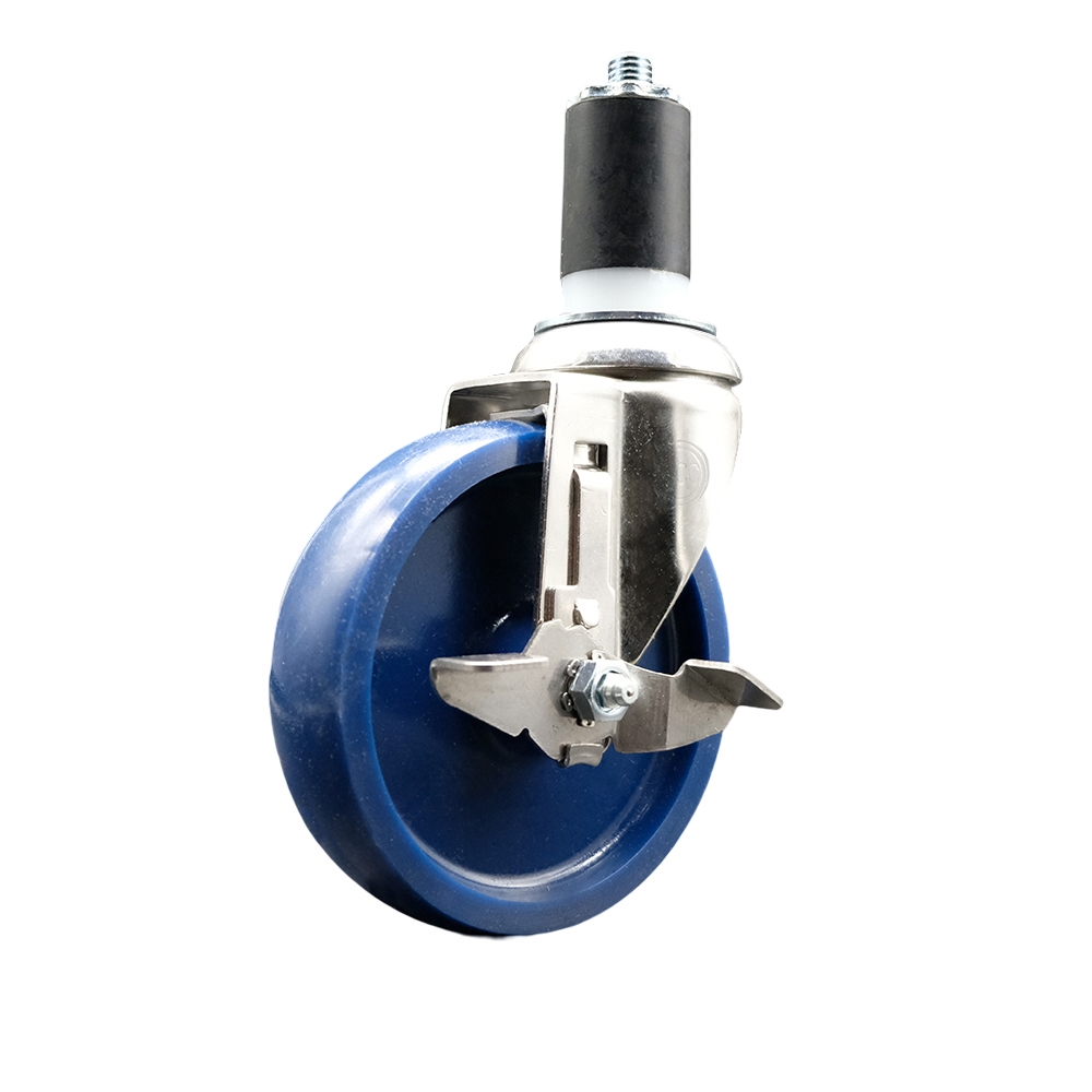Solid Polyurethane Swivel Stem Caster with 5 Inch Blue Caster Wheel and Top Lock Brake - 1-5/8" Expanding Stem - 316 Stainless Steel Caster - 300 lbs. Capacity Per Caster - Service Caster Brand — photo 1