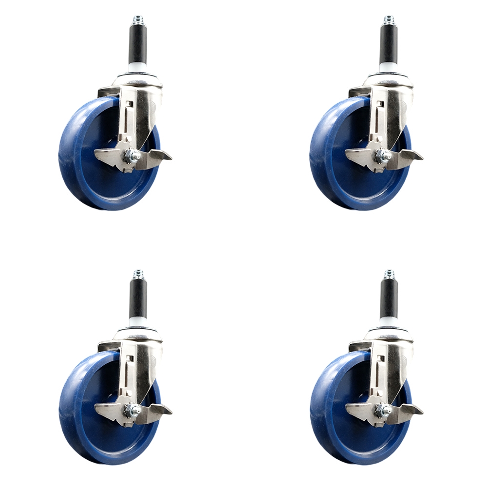 Solid Polyurethane Swivel Stem Caster Set of 4 with 5 Inch Blue Caster Wheels - 3/4" Expanding Stems - 316 Stainless Steel Casters - Includes 4 Swivel Casters with Top Lock Brakes-Service Caster Brand — photo 1