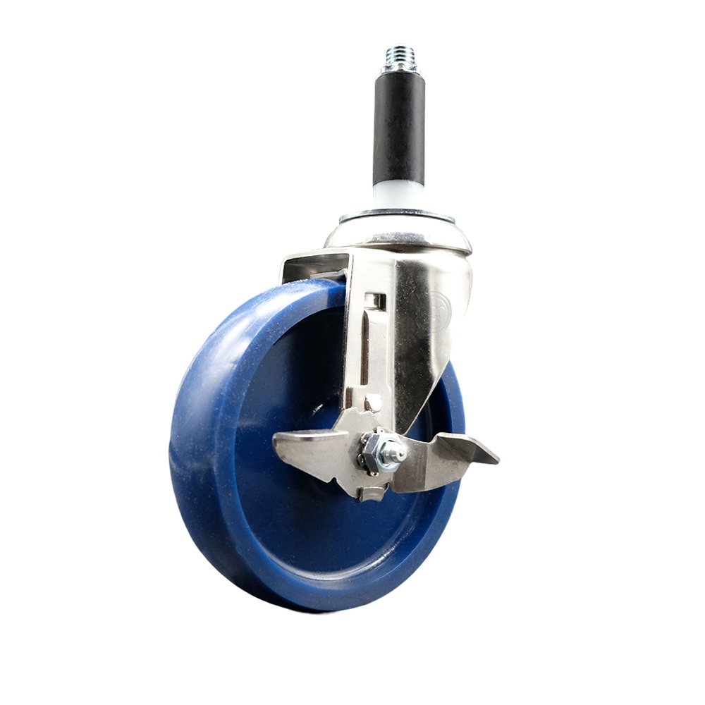 Solid Polyurethane Swivel Stem Caster with 5 Inch Blue Caster Wheel and Top Lock Brake - 3/4" Expanding Stem - 316 Stainless Steel Caster - 300 lbs. Capacity Per Caster - Service Caster Brand — photo 1