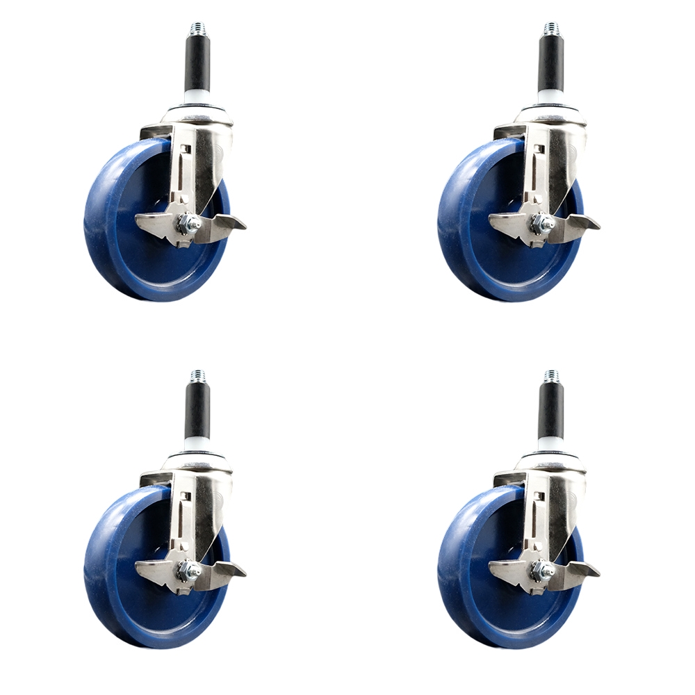 Solid Polyurethane Swivel Stem Caster Set of 4 with 5 Inch Blue Caster Wheels - 7/8" Expanding Stems - 316 Stainless Steel Casters - Includes 4 Swivel Casters with Top Lock Brakes-Service Caster Brand — photo 1
