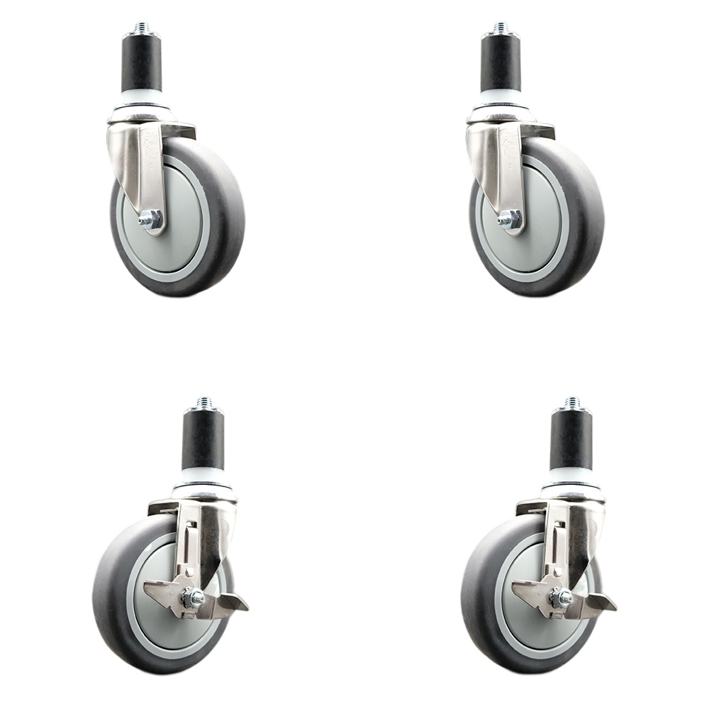 Thermoplastic Rubber Swivel Stem Caster Set of 4 with 5 Inch Caster Wheels - 1-1/2" Expanding Stems-316 Stainless Steel Casters-Includes 2 Swivel with Top Lock Brakes and 2 Swivel-Service Caster Brand — photo 1