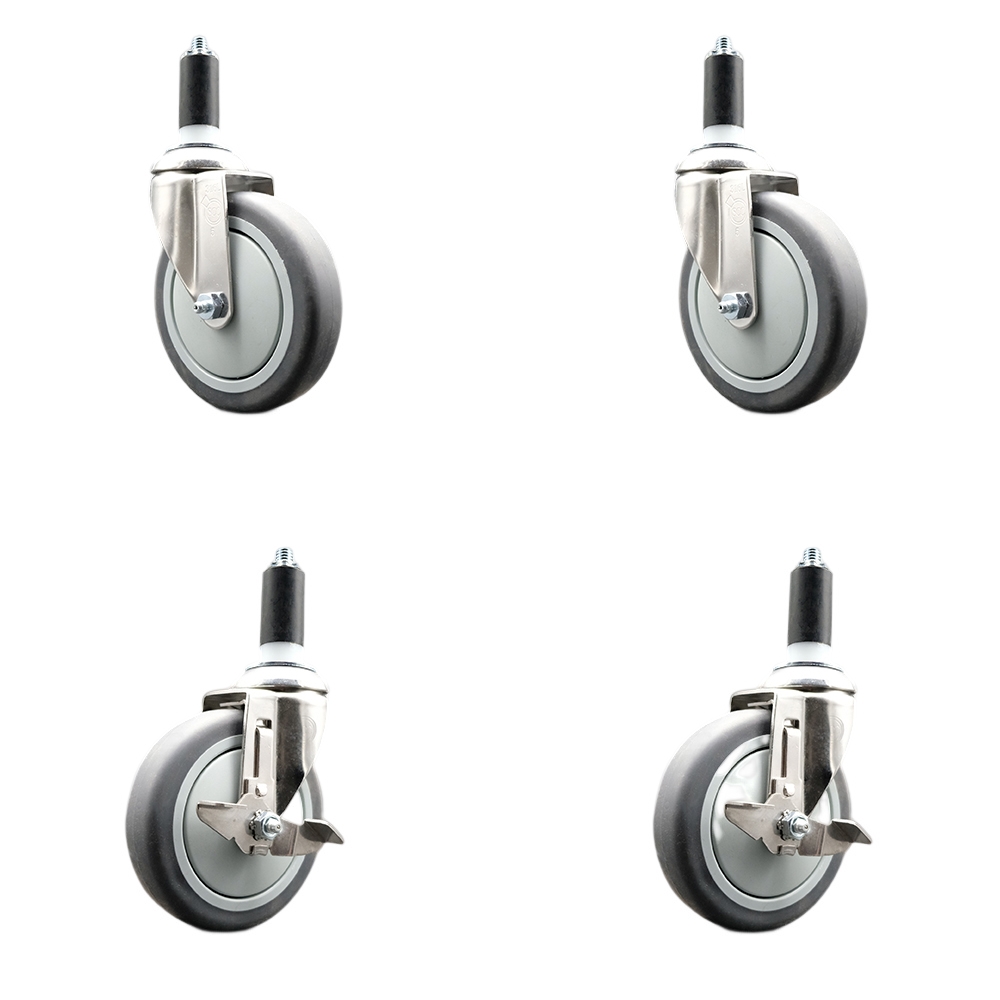 Thermoplastic Rubber Swivel Stem Caster Set of 4 with 5 Inch Caster Wheels - 1-1/4" Expanding Stems-316 Stainless Steel Casters-Includes 2 Swivel with Top Lock Brakes and 2 Swivel-Service Caster Brand — photo 1