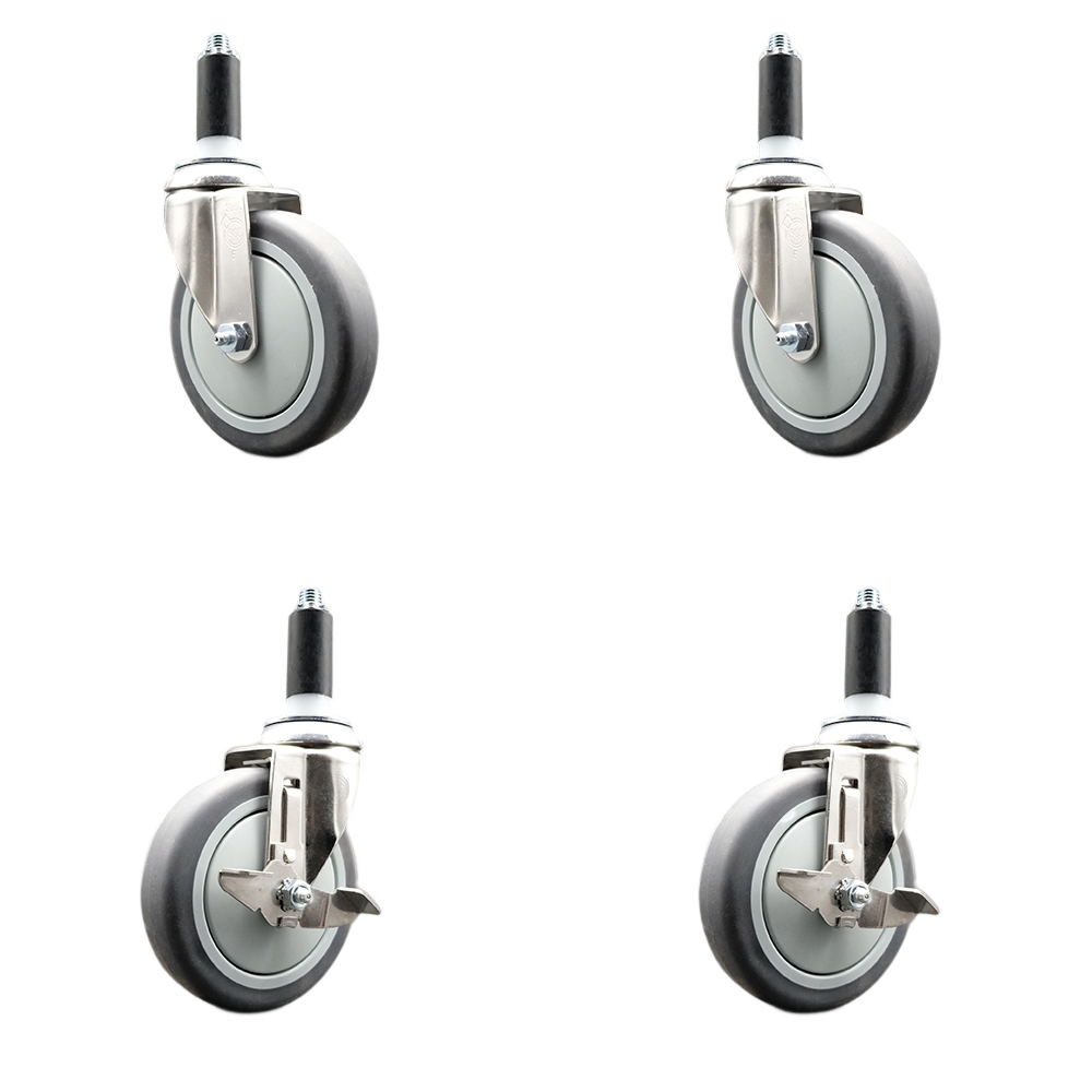 Thermoplastic Rubber Swivel Stem Caster Set of 4 with 5 Inch Caster Wheels - 1-1/8" Expanding Stems-316 Stainless Steel Casters-Includes 2 Swivel with Top Lock Brakes and 2 Swivel-Service Caster Brand — photo 1