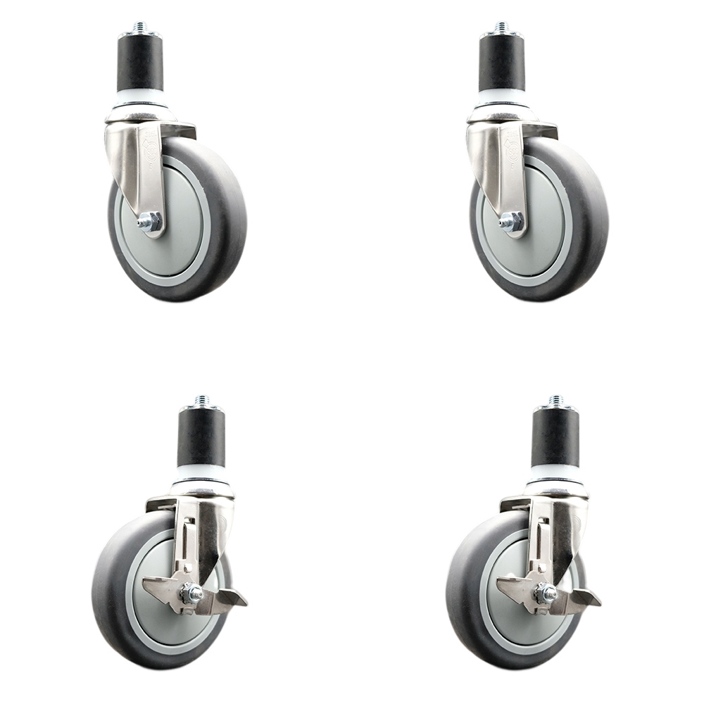 Thermoplastic Rubber Swivel Stem Caster Set of 4 with 5 Inch Caster Wheels - 1-3/4" Expanding Stems-316 Stainless Steel Casters-Includes 2 Swivel with Top Lock Brakes and 2 Swivel-Service Caster Brand — photo 1