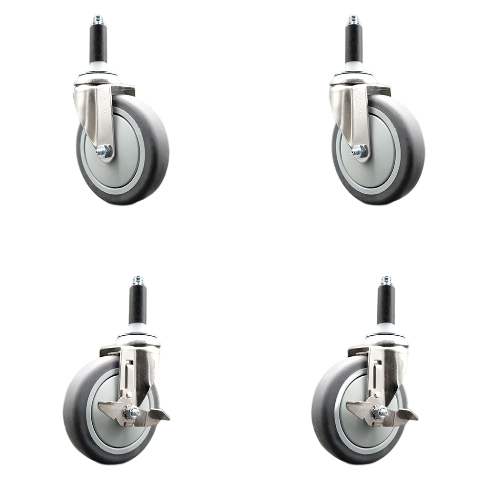 Thermoplastic Rubber Swivel Stem Caster Set of 4 with 5 Inch Caster Wheels - 3/4" Expanding Stems-316 Stainless Steel Casters - Includes 2 Swivel with Top Lock Brakes and 2 Swivel-Service Caster Brand — photo 1