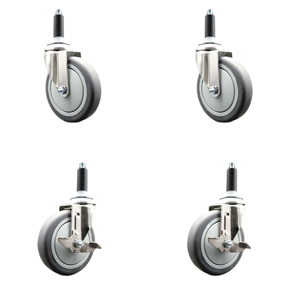 Thermoplastic Rubber Swivel Stem Caster Set of 4 with 5 Inch Caster Wheels - 7/8" Expanding Stems-316 Stainless Steel Casters - Includes 2 Swivel with Top Lock Brakes and 2 Swivel-Service Caster Brand — photo 1