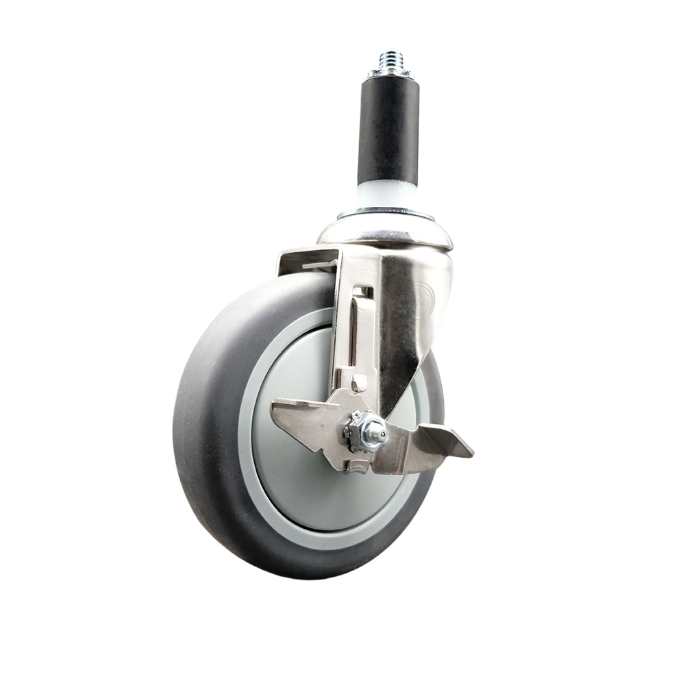 Thermoplastic Rubber Swivel Stem Caster with 5 Inch Gray Caster Wheel and Top Lock Brake - 1-1/4" Expanding Stem - 316 Stainless Steel Caster - 300 lbs. Capacity Per Caster - Service Caster Brand — photo 1