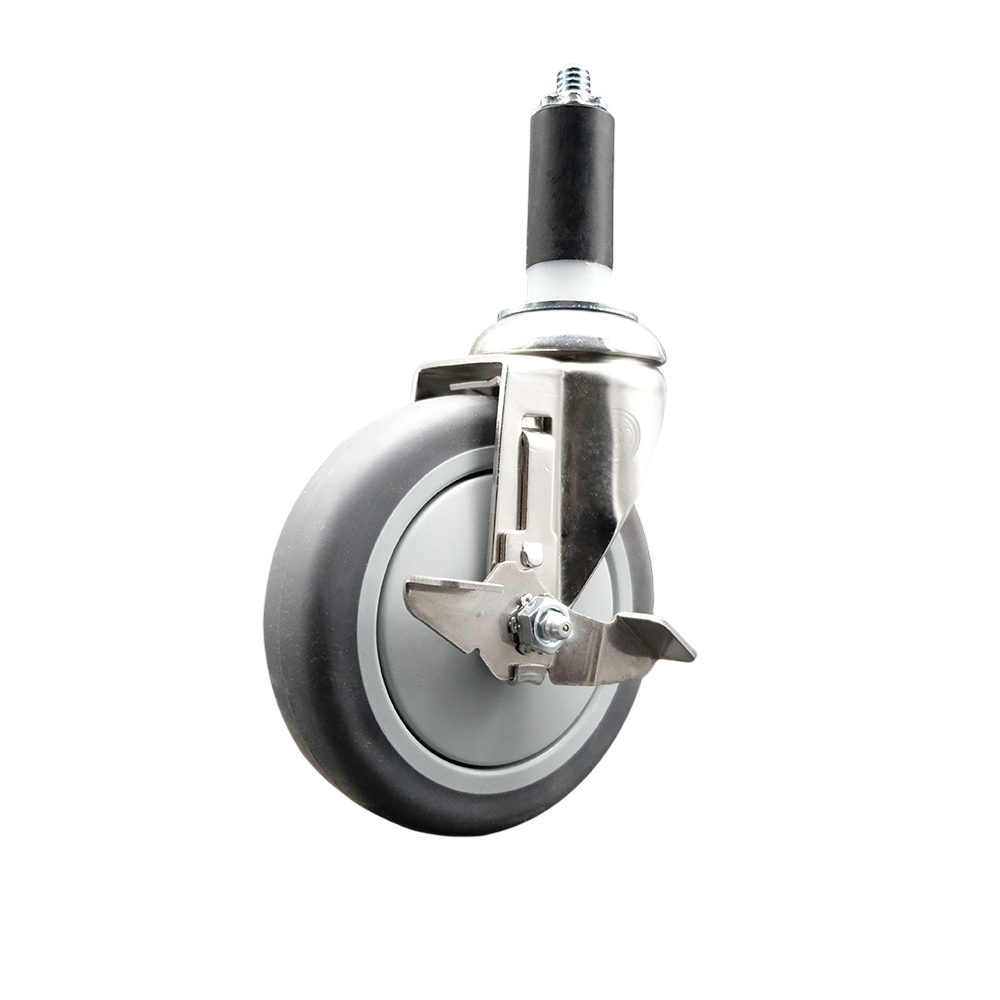 Thermoplastic Rubber Swivel Stem Caster with 5 Inch Gray Caster Wheel and Top Lock Brake - 1-3/8" Expanding Stem - 316 Stainless Steel Caster - 300 lbs. Capacity Per Caster - Service Caster Brand — photo 1