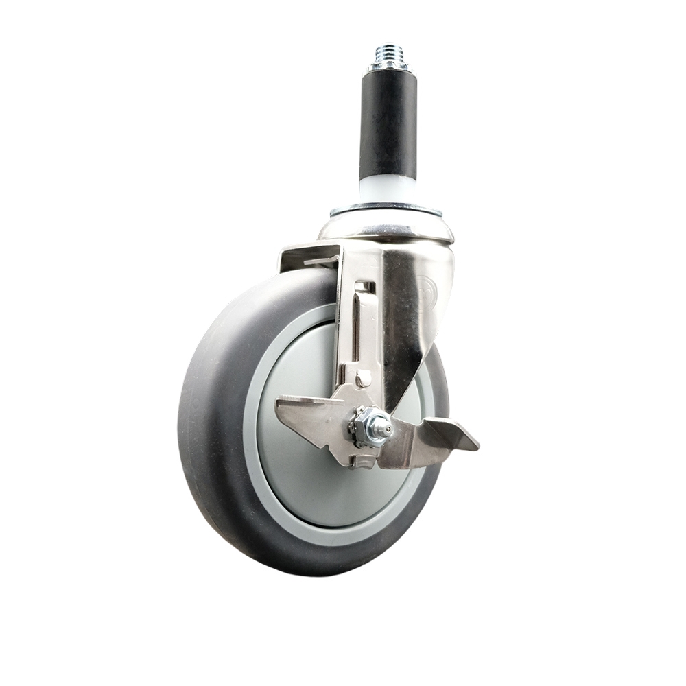 Thermoplastic Rubber Swivel Stem Caster with 5 Inch Gray Caster Wheel and Top Lock Brake - 1" Expanding Stem - 316 Stainless Steel Caster - 300 lbs. Capacity Per Caster - Service Caster Brand — photo 1
