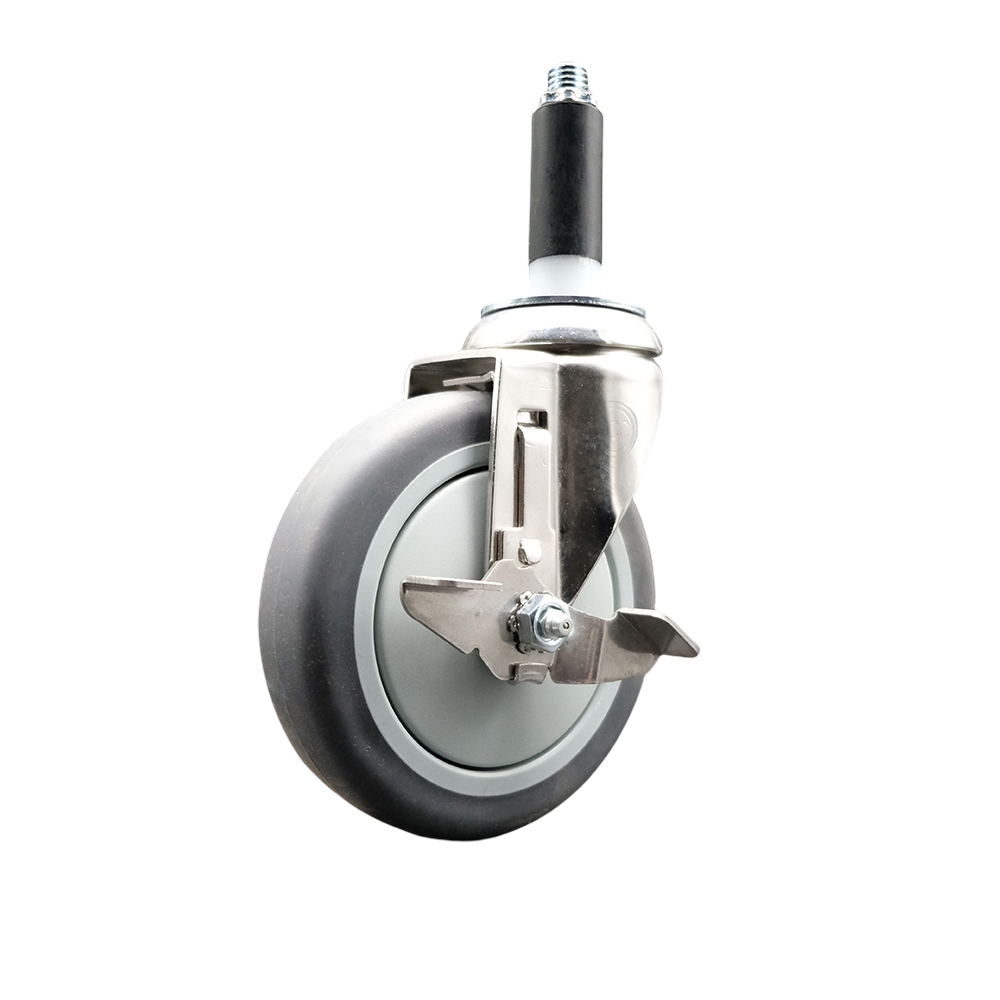 Thermoplastic Rubber Swivel Stem Caster with 5 Inch Gray Caster Wheel and Top Lock Brake - 3/4" Expanding Stem - 316 Stainless Steel Caster - 300 lbs. Capacity Per Caster - Service Caster Brand — photo 1