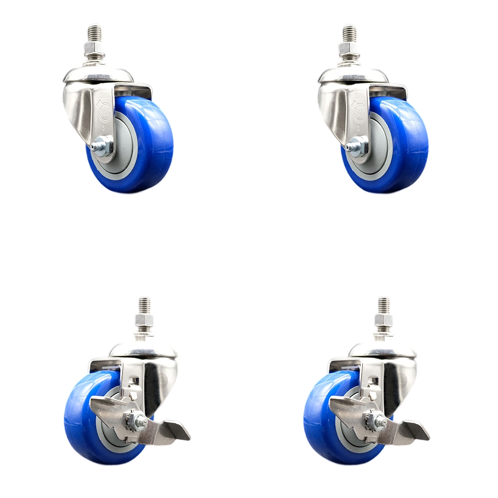 Poly Swivel Stem Caster Set of 4 with 3 Inch Blue Caster Wheels - 1/2" Threaded Stems - 316 Stainless Steel Casters - Includes 2 Swivel Casters with Top Lock Brakes and 2 Swivel -Service Caster Brand — photo 1