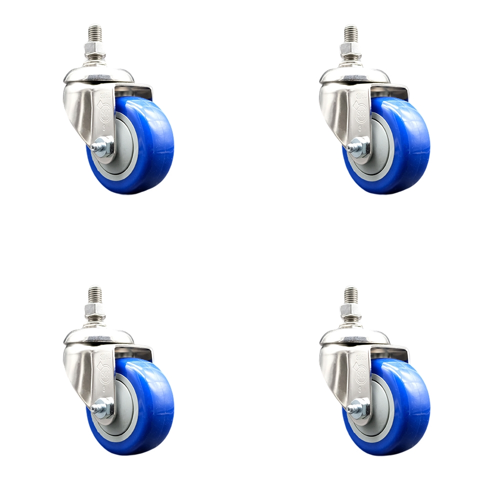 Polyurethane Swivel Stem Caster Set of 4 with 3.5 Inch Blue Caster Wheels - 1/2" Threaded Stems - 316 Stainless Steel Casters - Includes 4 Swivel Casters - Service Caster Brand — photo 1