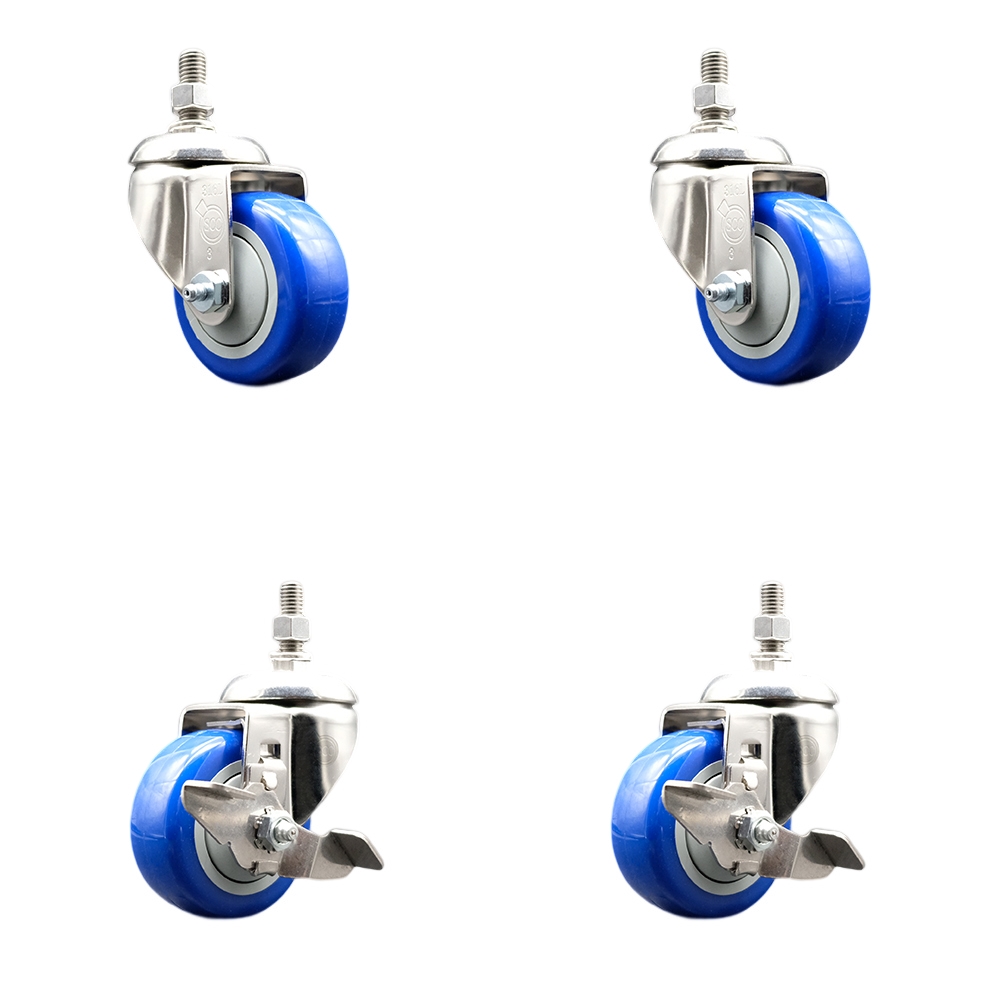 Poly Swivel Stem Caster Set of 4 with 3.5 Inch Blue Caster Wheels - 3/8" Threaded Stems - 316 Stainless Steel Casters -Includes 2 Swivel Casters with Top Lock Brakes and 2 Swivel-Service Caster Brand — photo 1