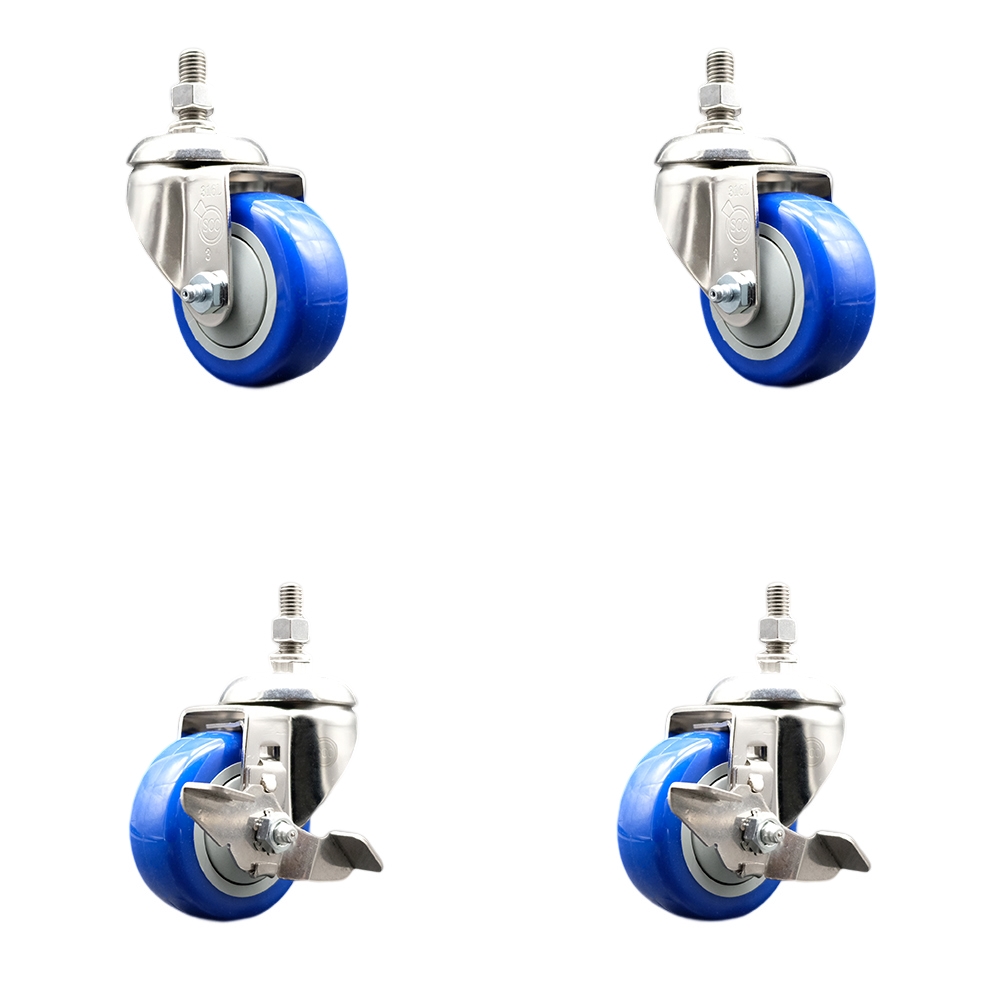Poly Swivel Stem Caster Set of 4 with 3.5 Inch Blue Caster Wheels-10mm Metric Threaded Stems-316 Stainless Steel Casters-Include 2 Swivel Casters with Top Lock Brake and 2 Swivel-Service Caster Brand — photo 1