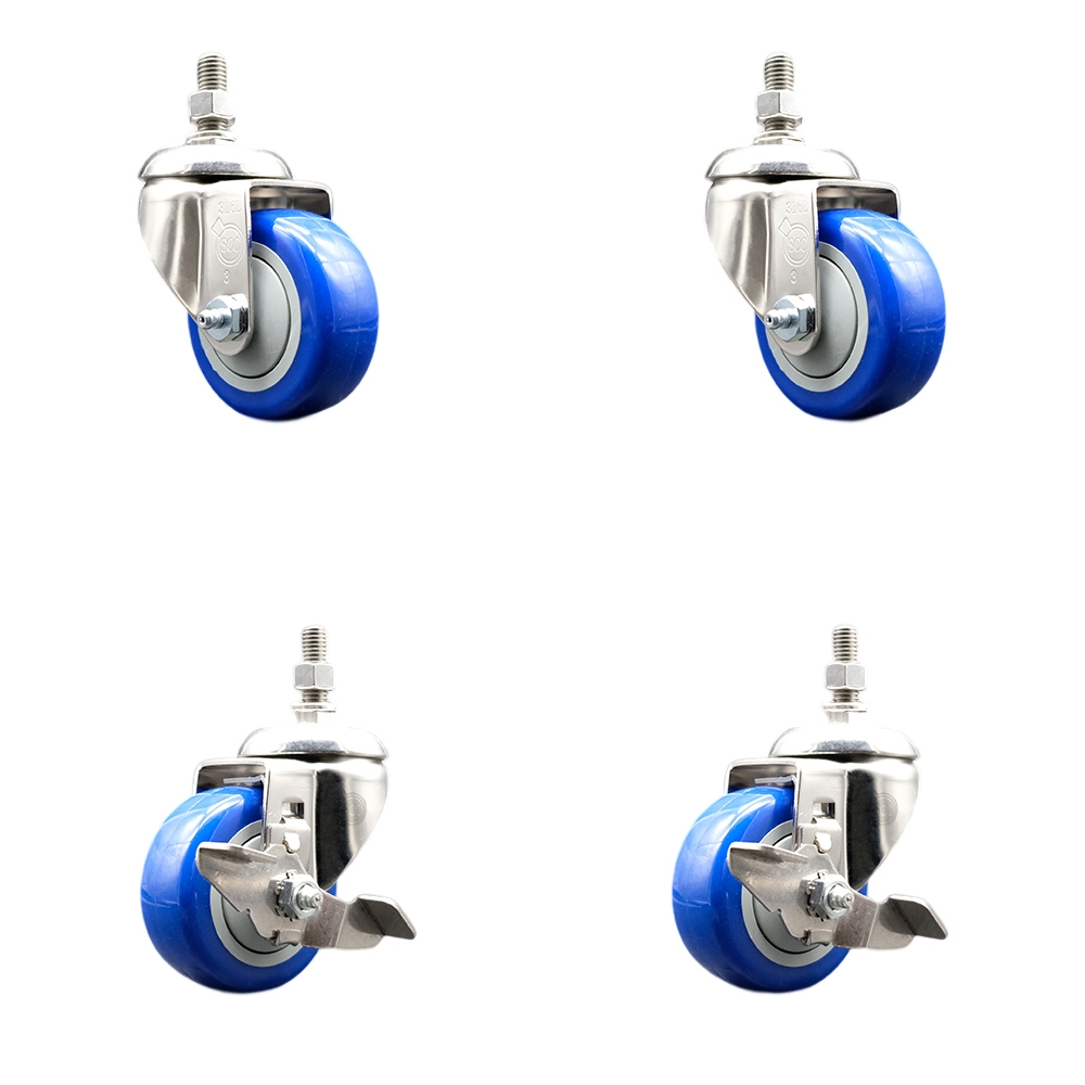 Poly Swivel Stem Caster Set of 4 with 3.5 Inch Blue Caster Wheels-12mm Metric Threaded Stems-316 Stainless Steel Casters-Include 2 Swivel Casters with Top Lock Brake and 2 Swivel-Service Caster Brand — photo 1