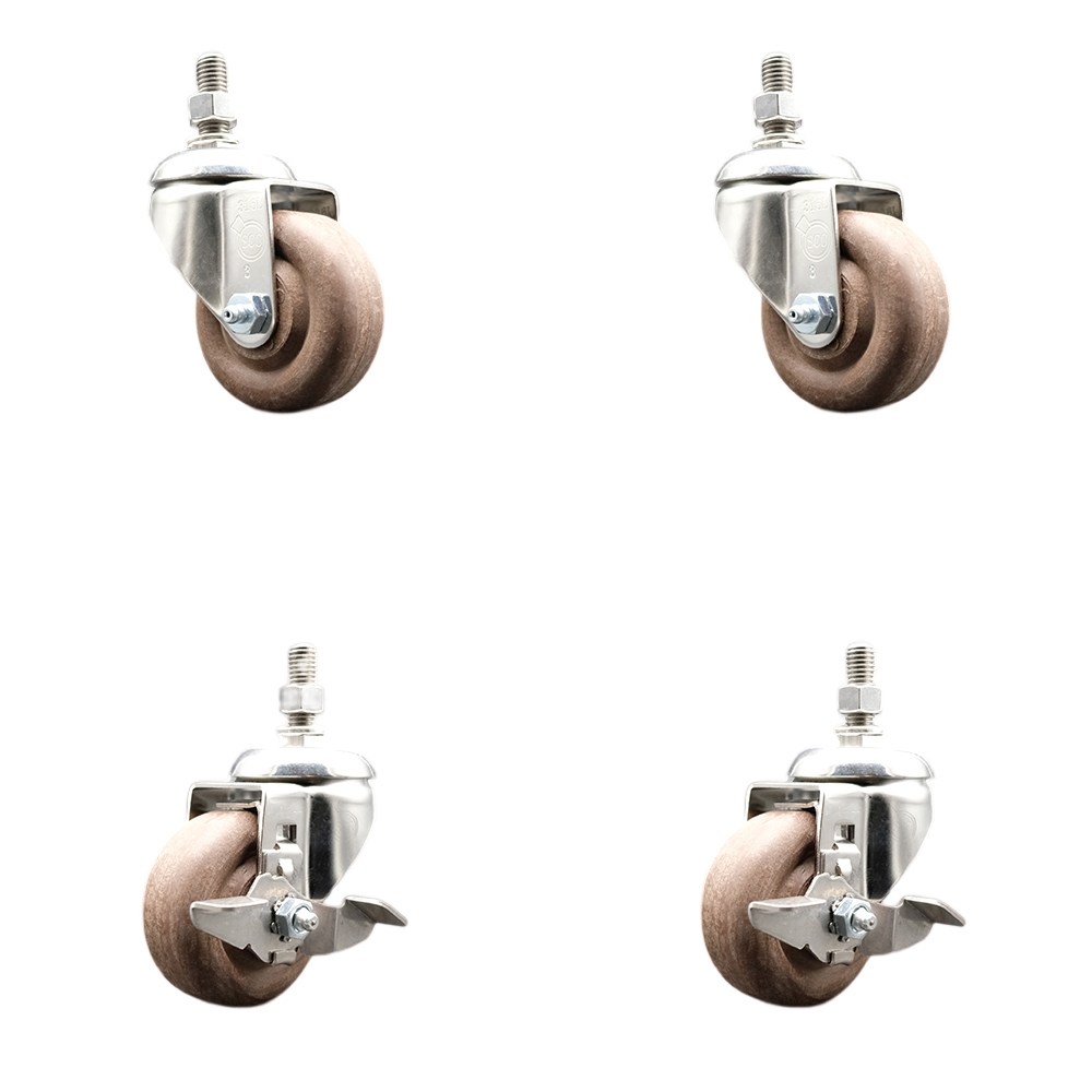 High Temp Glass Filled Nylon Swivel Stem Caster Set of 4 with 3.5 Inch Caster Wheels-1/2" Threaded Stems-316 Stainless Steel Caster-Include 2 Swivel with Top Lock Brake & 2 Swivel-Service Caster Brand — photo 1