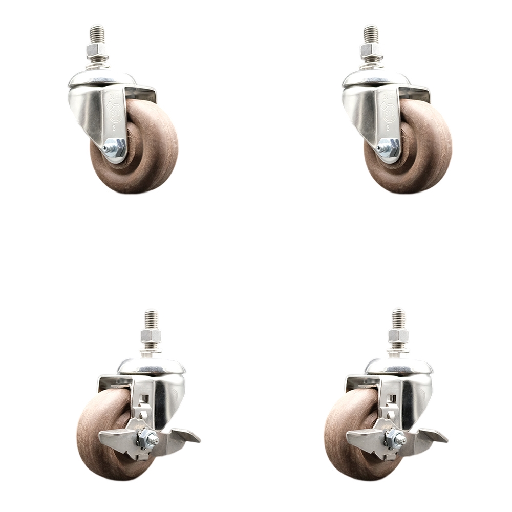 High Temp Glass Filled Nylon Swivel Stem Caster Set of 4 with 3.5 Inch Caster Wheels-3/8" Threaded Stems-316 Stainless Steel Caster-Include 2 Swivel with Top Lock Brake & 2 Swivel-Service Caster Brand — photo 1