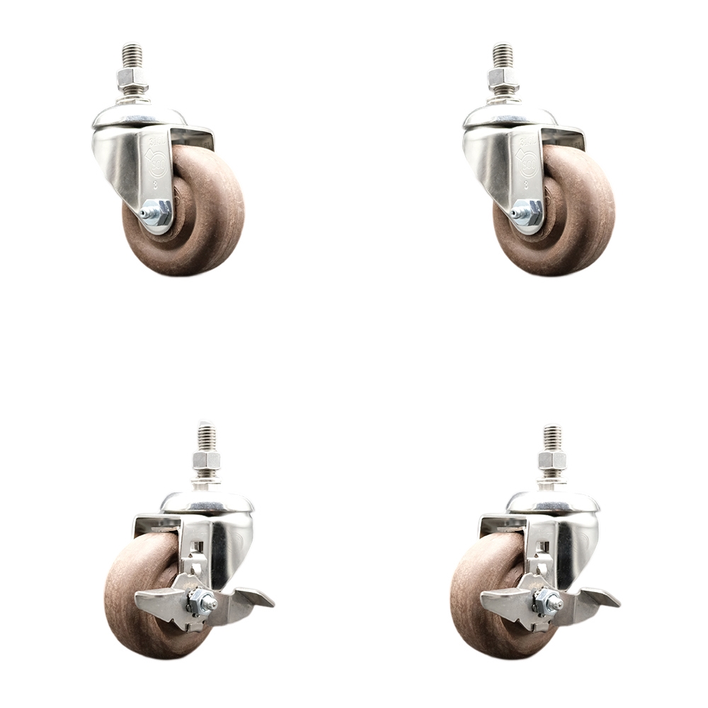 High Temp Glass Filled Nylon Swivel Stem Caster Set of 4 with 3 Inch Caster Wheels-10mm Threaded Stems-316 Stainless Steel Caster-Include 2 Swivel with Top Lock Brake and 2 Swivel-Service Caster Brand — photo 1