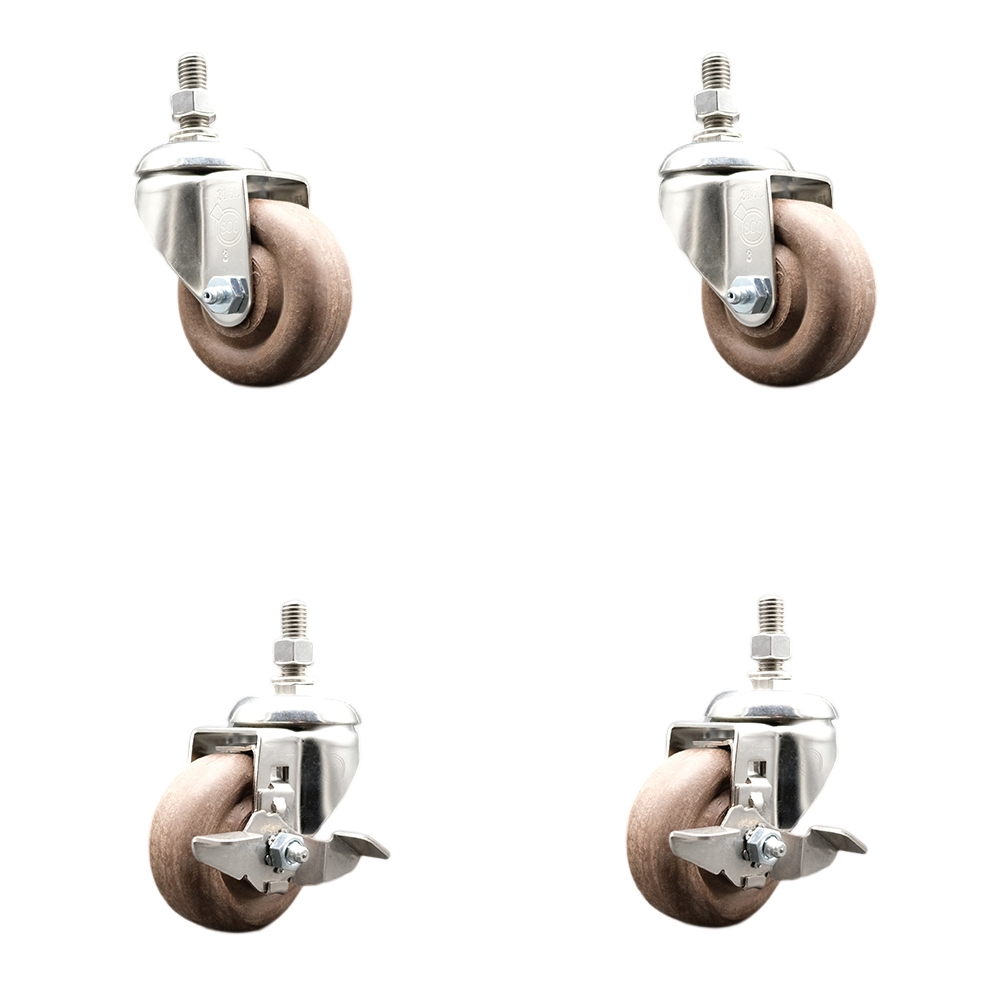 High Temp Glass Filled Nylon Swivel Stem Caster Set of 4 with 3.5 Inch Caster Wheels-12mm Threaded Stems-316 Stainless Steel Caster-Include 2 Swivel with Top Lock Brake & 2 Swivel-Service Caster Brand — photo 1