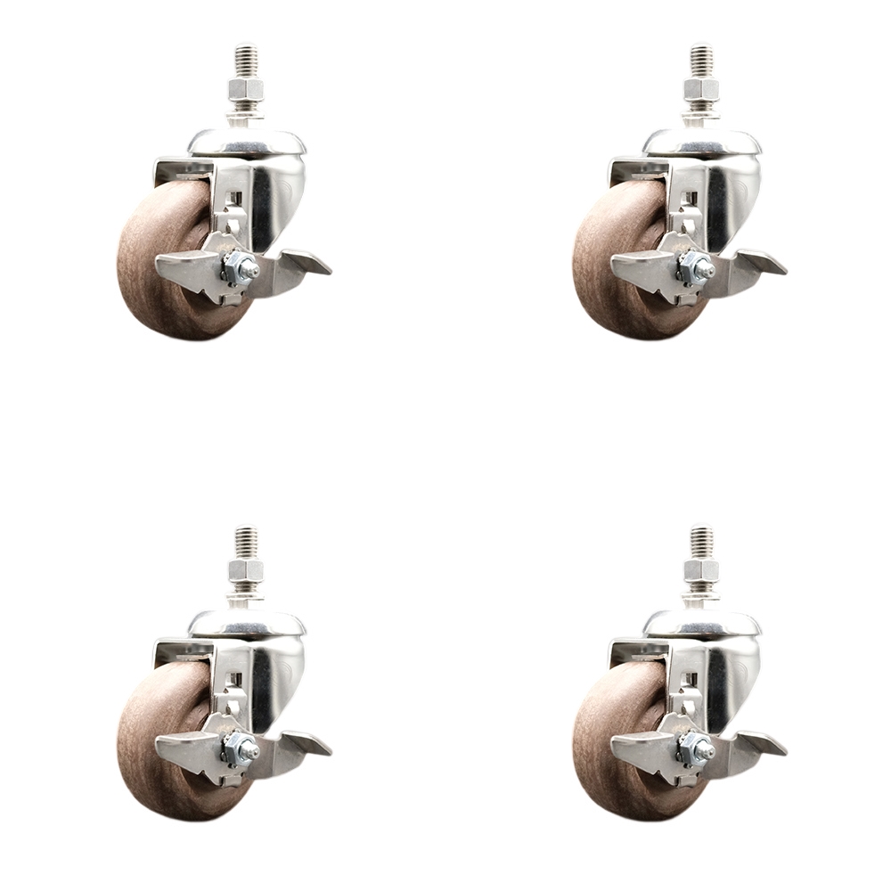 High Temp Glass Filled Nylon Swivel Stem Caster Set of 4 with 3 Inch Caster Wheels - 1/2" Threaded Stems -316 Stainless Steel Casters-Includes 4 Swivel Casters with Top Lock Brake-Service Caster Brand — photo 1