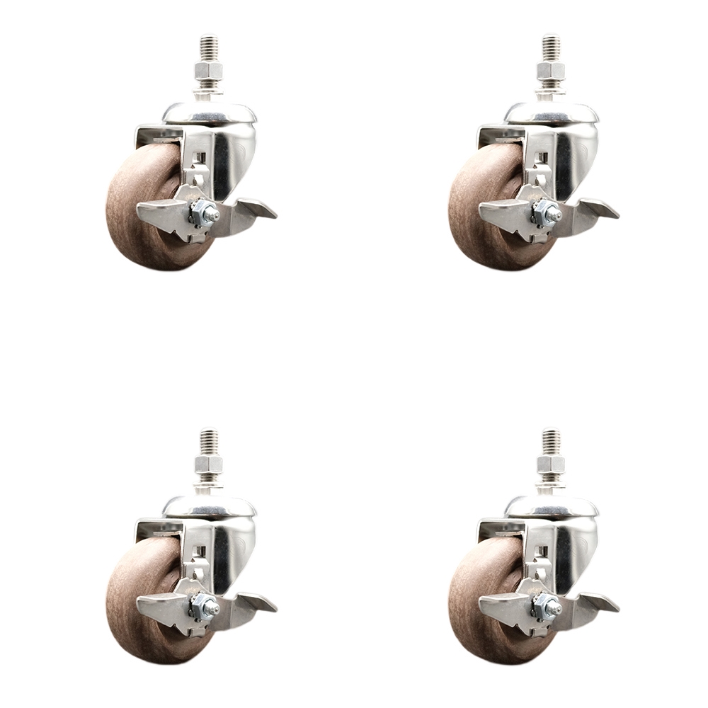 High Temp Glass Filled Nylon Swivel Stem Caster Set of 4 with 3.5 Inch Caster Wheels -3/8" Threaded Stems-316 Stainless Steel Casters-Includes 4 Swivel Casters with Top Lock Brake-Service Caster Brand — photo 1