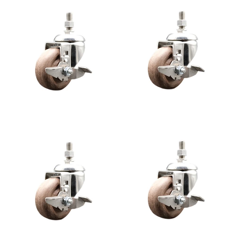 High Temp Glass Filled Nylon Swivel Stem Caster Set of 4 with 3 Inch Caster Wheels-12mm Metric Threaded Stem-316 Stainless Steel Caster-Include 4 Swivel Caster with Top Lock Brake-Service Caster Brand — photo 1