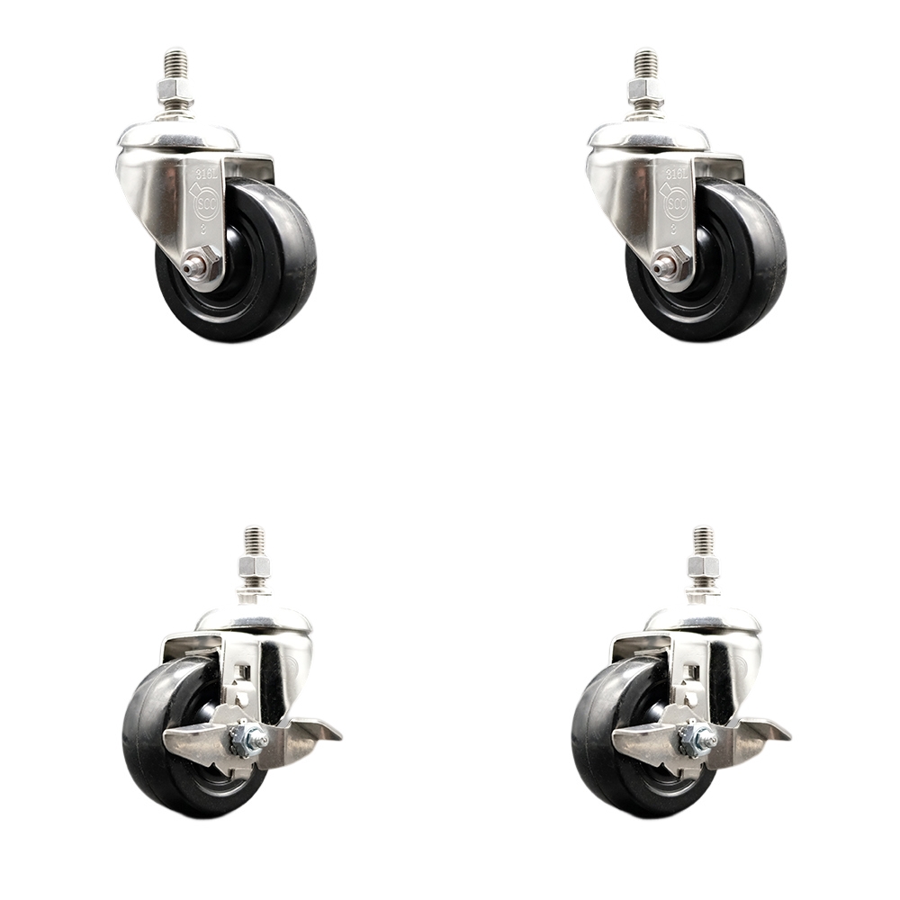 Hard Rubber Swivel Stem Caster Set of 4 with 3.5 Inch Caster Wheels - 1/2" Threaded Stems - 316 Stainless Steel Casters-Includes 2 Swivel Casters with Top Lock Brakes and 2 Swivel-Service Caster Brand — photo 1