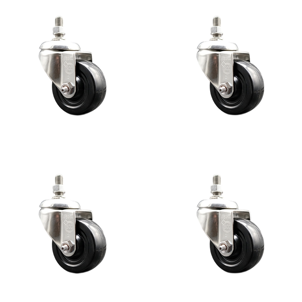 Hard Rubber Swivel Stem Caster Set of 4 with 3 Inch Caster Wheels - 1/2" Threaded Stems - 316 Stainless Steel Casters - Includes 4 Swivel Casters - Service Caster Brand — photo 1