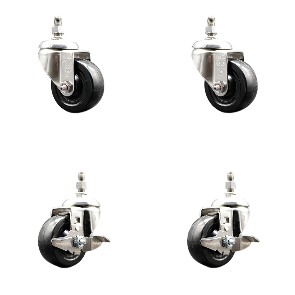 Soft Rubber Swivel Stem Caster Set of 4 with 3 Inch Caster Wheels - 3/8" Threaded Stems - 316 Stainless Steel Casters- Includes 2 Swivel Casters with Top Lock Brakes and 2 Swivel -Service Caster Brand — photo 1
