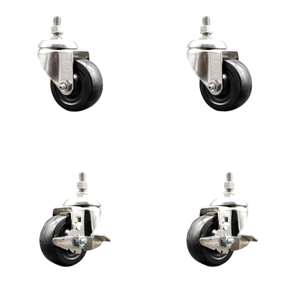 Soft Rubber Swivel Stem Caster Set of 4 with 3 Inch Caster Wheels-10mm Metric Threaded Stems-316 Stainless Steel Casters-Include 2 Swivel Casters with Top Lock Brake and 2 Swivel -Service Caster Brand — photo 1