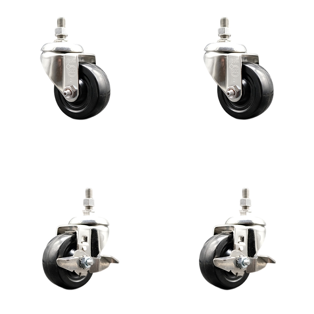 Hard Rubber Swivel Stem Caster Set of 4 with 3 Inch Caster Wheels - 12mm Threaded Stems - 316 Stainless Steel Casters- Includes 2 Swivel Casters with Top Lock Brakes and 2 Swivel -Service Caster Brand — photo 1