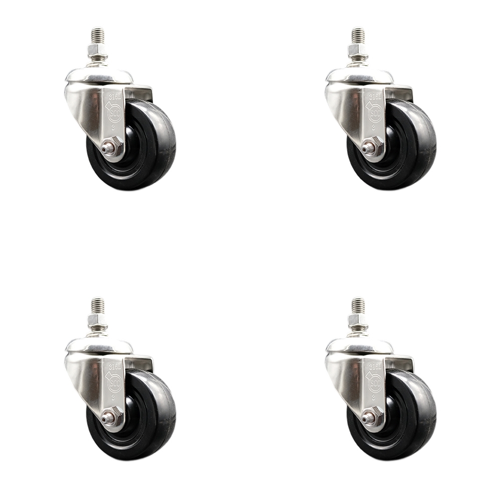 Soft Rubber Swivel Stem Caster Set of 4 with 3 Inch Caster Wheels - 12mm Metric Threaded Stems - 316 Stainless Steel Casters - Includes 4 Swivel Casters - Service Caster Brand — photo 1