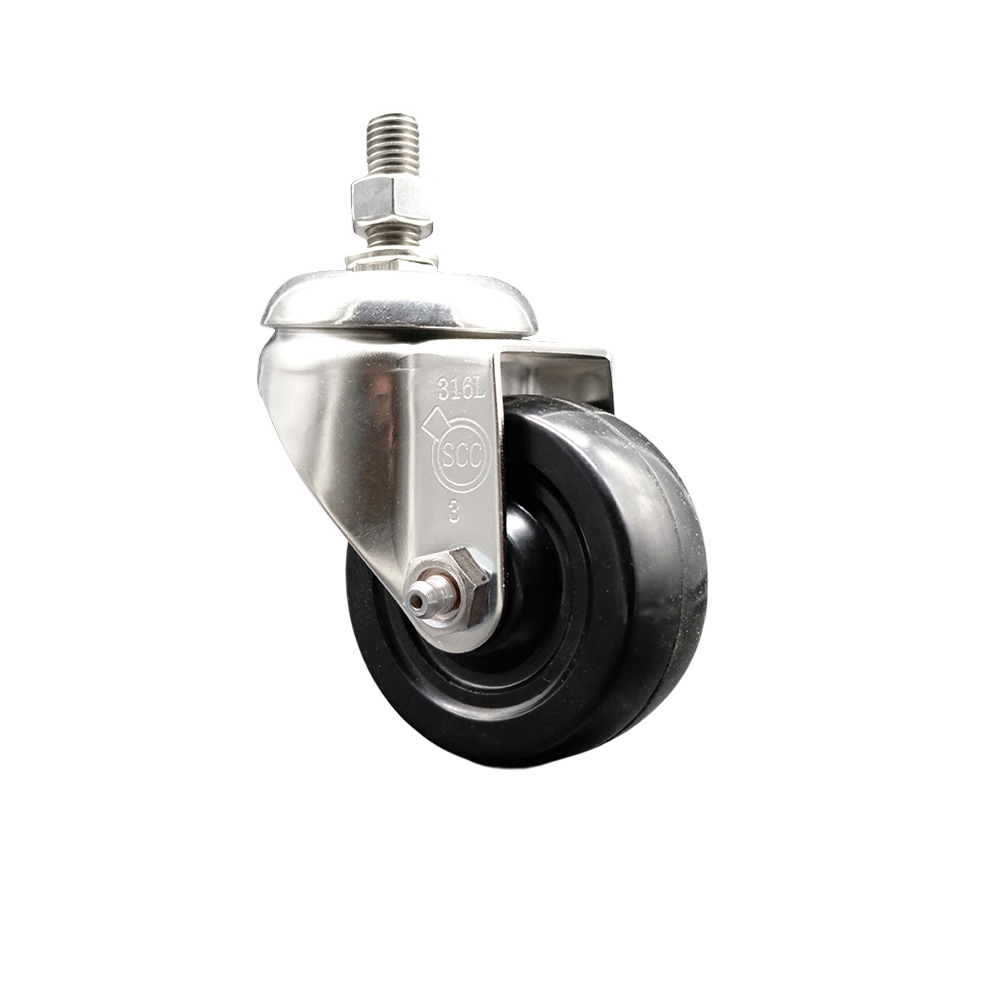 Soft Rubber Swivel Stem Caster with 3 Inch Black Caster Wheel - 12mm Metric Threaded Stem - 316 Stainless Steel Caster - 175 lbs. Capacity Per Caster - Service Caster Brand — photo 1