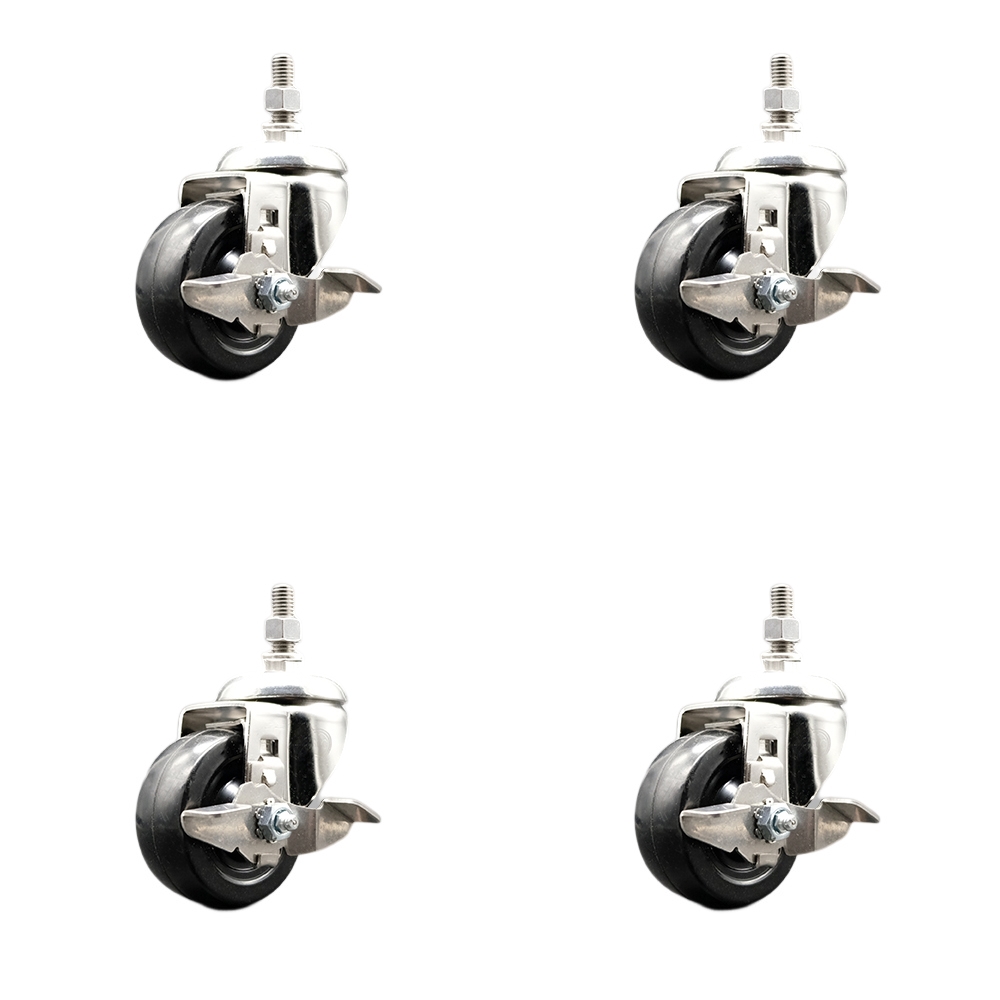 Soft Rubber Swivel Stem Caster Set of 4 with 3 Inch Caster Wheels - 1/2" Threaded Stems - 316 Stainless Steel Casters - Includes 4 Swivel Casters with Top Lock Brakes - Service Caster Brand — photo 1
