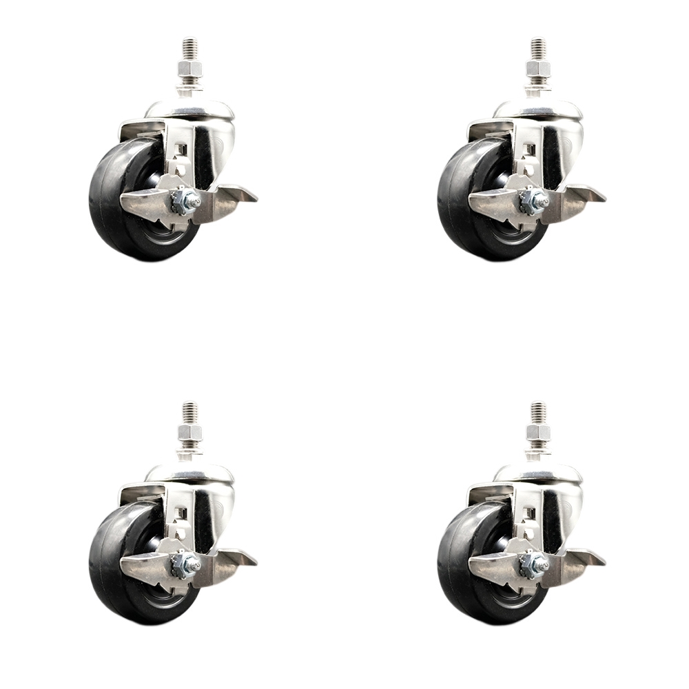 Soft Rubber Swivel Stem Caster Set of 4 with 3.5 Inch Caster Wheels - 3/8" Threaded Stems - 316 Stainless Steel Casters - Includes 4 Swivel Casters with Top Lock Brakes - Service Caster Brand — photo 1