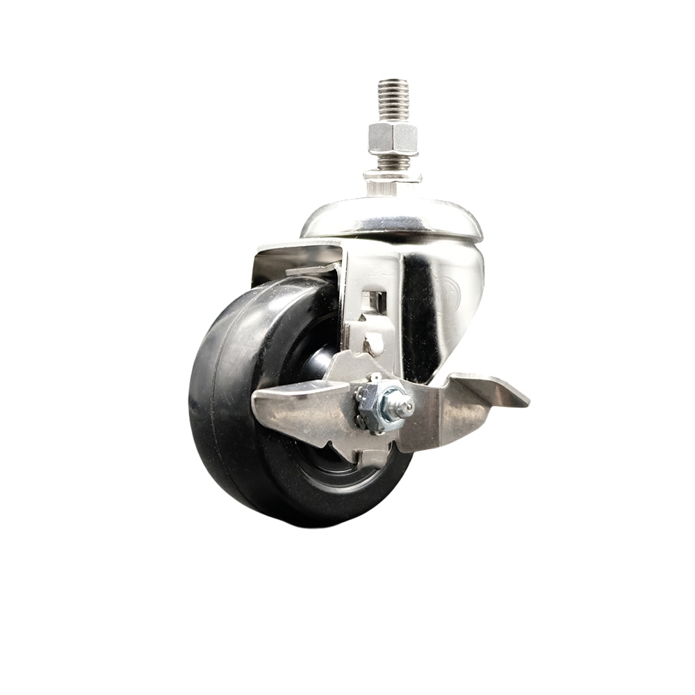 Soft Rubber Swivel Stem Caster with 3 Inch Black Caster Wheel and Top Lock Brake - 3/8" Threaded Stem - 316 Stainless Steel Caster - 175 lbs. Capacity Per Caster - Service Caster Brand — photo 1