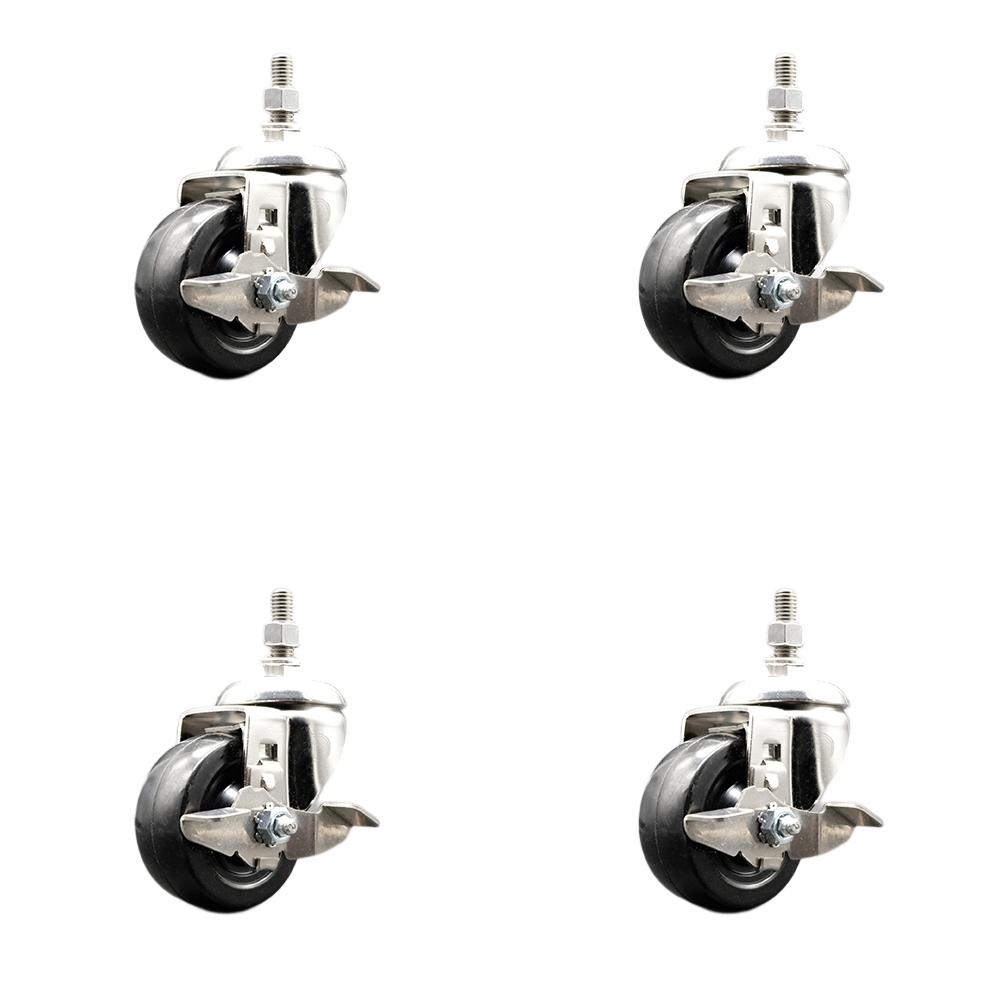 Soft Rubber Swivel Stem Caster Set of 4 with 3 Inch Caster Wheels - 10mm Metric Threaded Stems - 316 Stainless Steel Casters - Includes 4 Swivel Casters with Top Lock Brakes - Service Caster Brand — photo 1