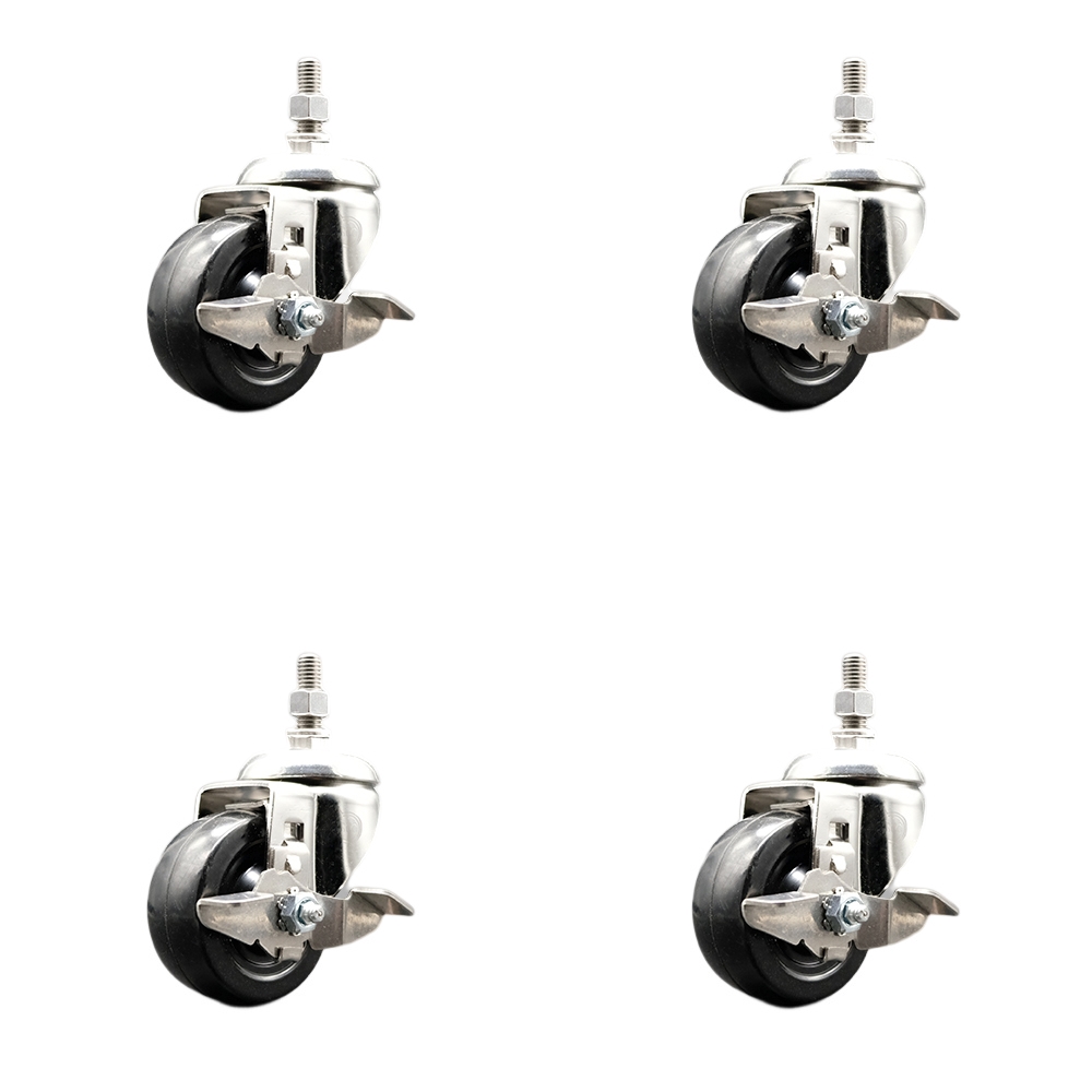 Soft Rubber Swivel Stem Caster Set of 4 with 3 Inch Caster Wheels - 12mm Metric Threaded Stems - 316 Stainless Steel Casters - Includes 4 Swivel Casters with Top Lock Brakes - Service Caster Brand — photo 1