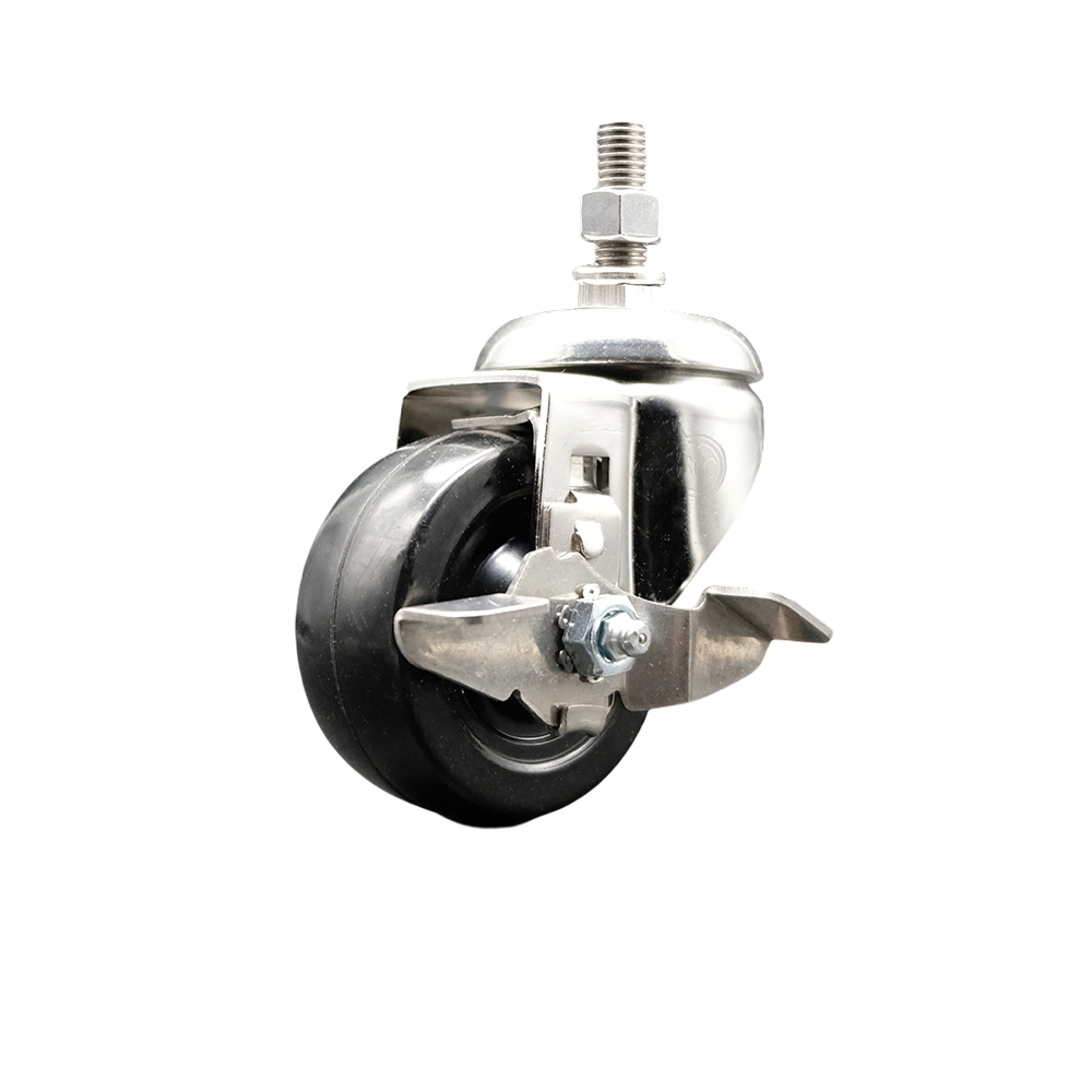 Hard Rubber Swivel Stem Caster with 3 Inch Black Caster Wheel and Top Lock Brake - 12mm Metric Threaded Stem - 316 Stainless Steel Caster - 275 lbs. Capacity Per Caster - Service Caster Brand — photo 1