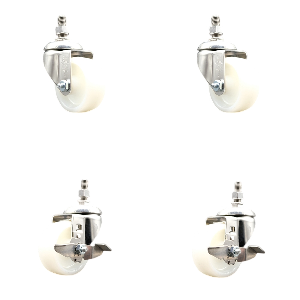 Nylon Swivel Stem Caster Set of 4 with 3 Inch Caster Wheels - 1/2" Threaded Stems - 316 Stainless Steel Casters - Includes 2 Swivel Casters with Top Lock Brakes and 2 Swivel - Service Caster Brand — photo 1