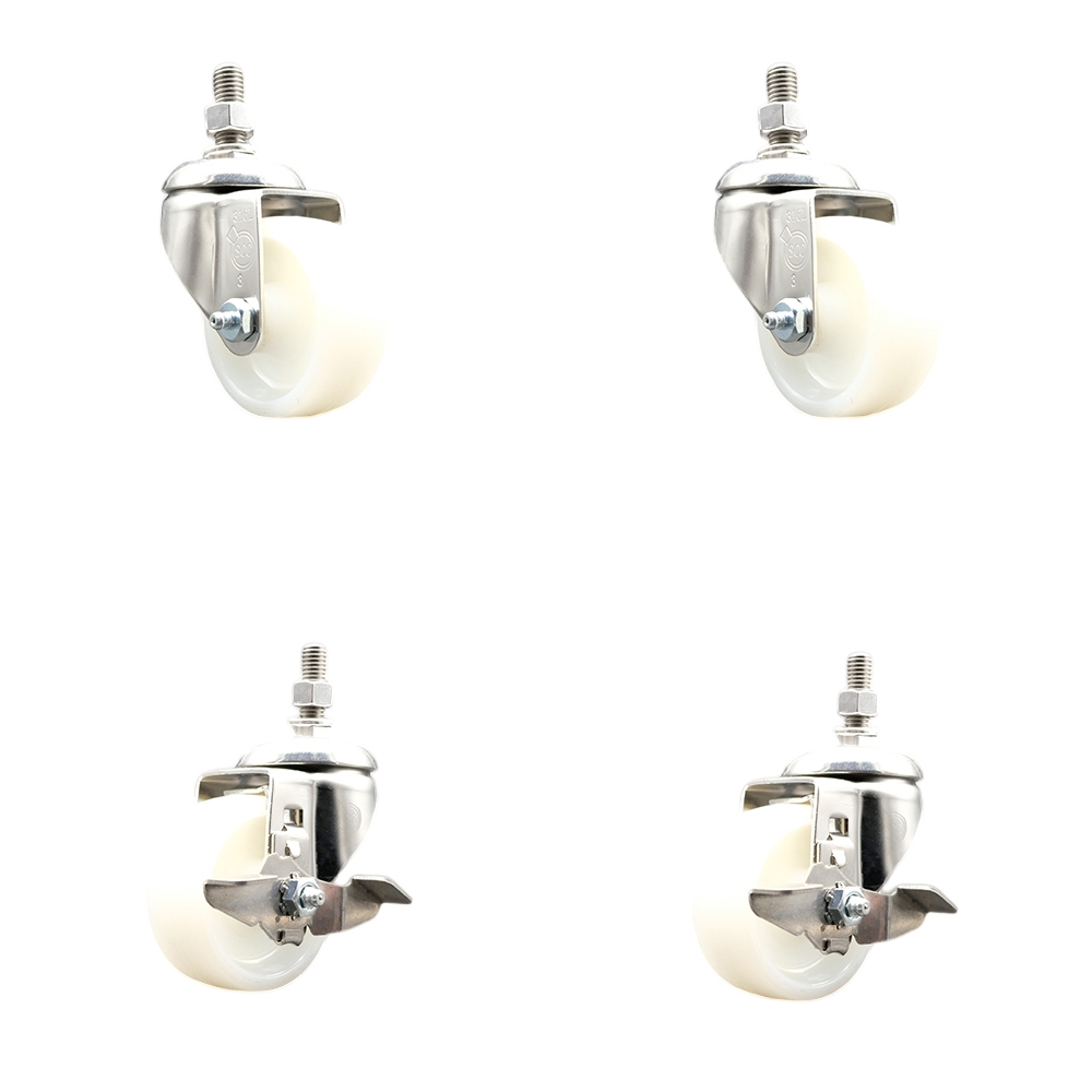 Nylon Swivel Stem Caster Set of 4 with 3 Inch Caster Wheels - 3/8" Threaded Stems - 316 Stainless Steel Casters - Includes 2 Swivel Casters with Top Lock Brakes and 2 Swivel - Service Caster Brand — photo 1