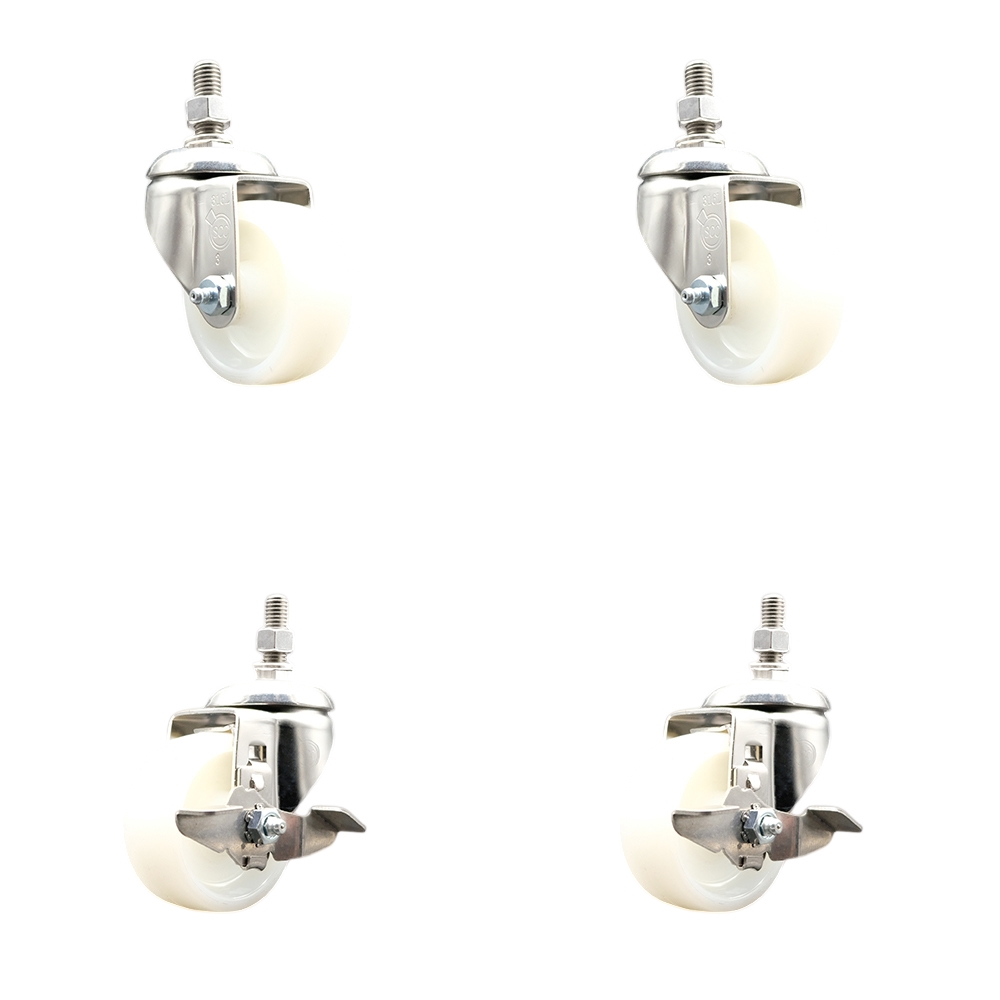 Nylon Swivel Stem Caster Set of 4 with 3 Inch Caster Wheels - 10mm Metric Threaded Stems - 316 Stainless Steel Casters -Includes 2 Swivel Casters with Top Lock Brakes and 2 Swivel-Service Caster Brand — photo 1