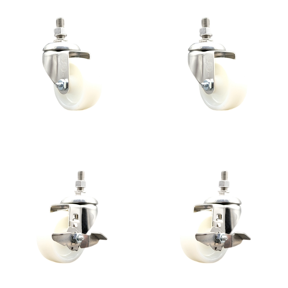 Nylon Swivel Stem Caster Set of 4 with 3 Inch Caster Wheels - 12mm Metric Threaded Stems - 316 Stainless Steel Casters -Includes 2 Swivel Casters with Top Lock Brakes and 2 Swivel-Service Caster Brand — photo 1