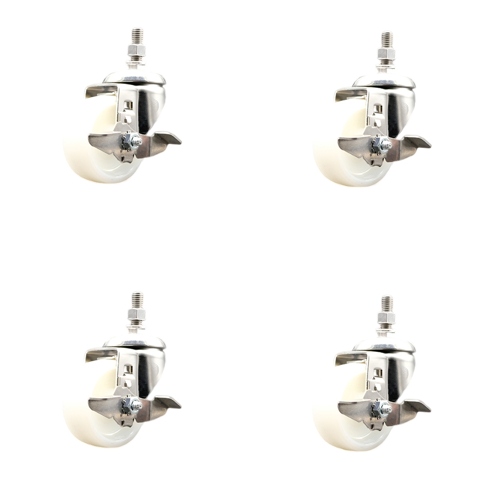 Nylon Swivel Stem Caster Set of 4 with 3 Inch Caster Wheels - 1/2" Threaded Stems - 316 Stainless Steel Casters - Includes 4 Swivel Casters with Top Lock Brakes - Service Caster Brand — photo 1