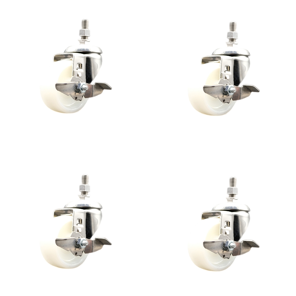 Nylon Swivel Stem Caster Set of 4 with 3 Inch Caster Wheels - 3/8" Threaded Stems - 316 Stainless Steel Casters - Includes 4 Swivel Casters with Top Lock Brakes - Service Caster Brand — photo 1