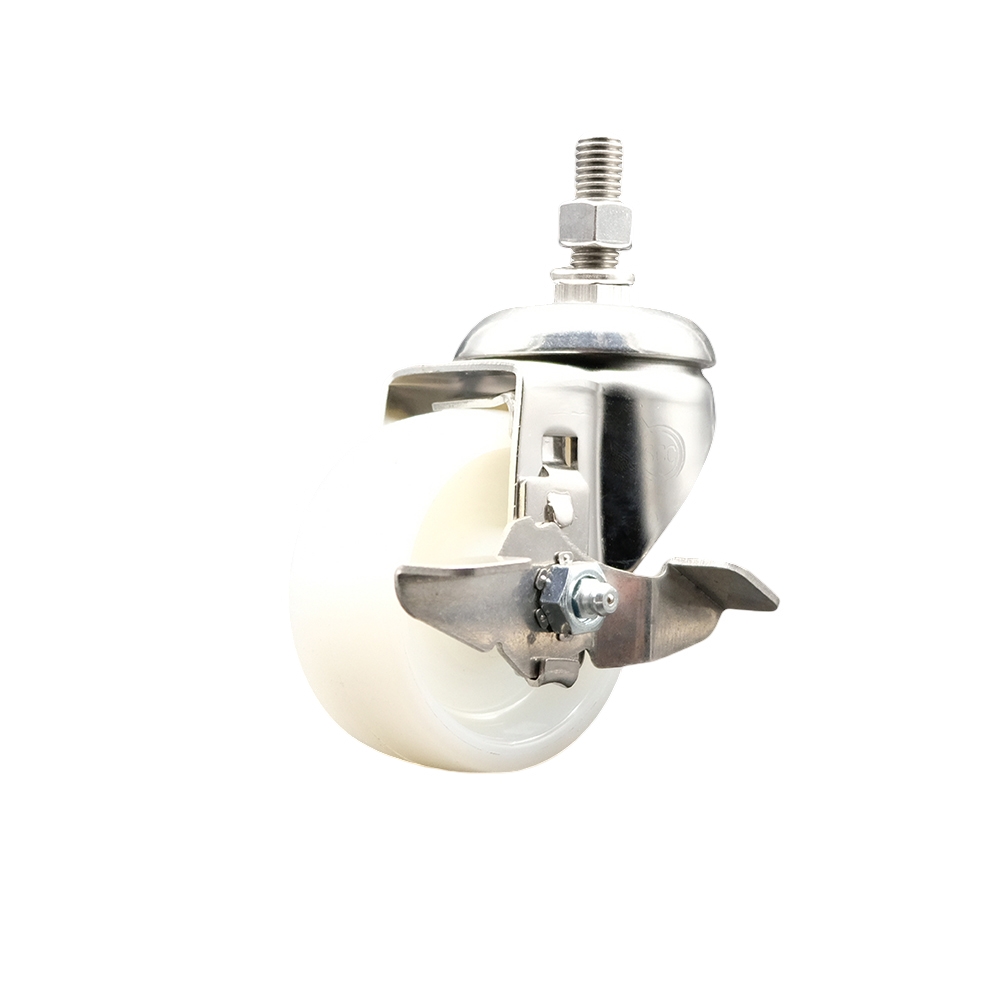 Nylon Swivel Stem Caster with 3 Inch White Caster Wheel and Top Lock Brake - 3/8" Threaded Stem - 316 Stainless Steel Caster - 300 lbs. Capacity Per Caster - Service Caster Brand — photo 1