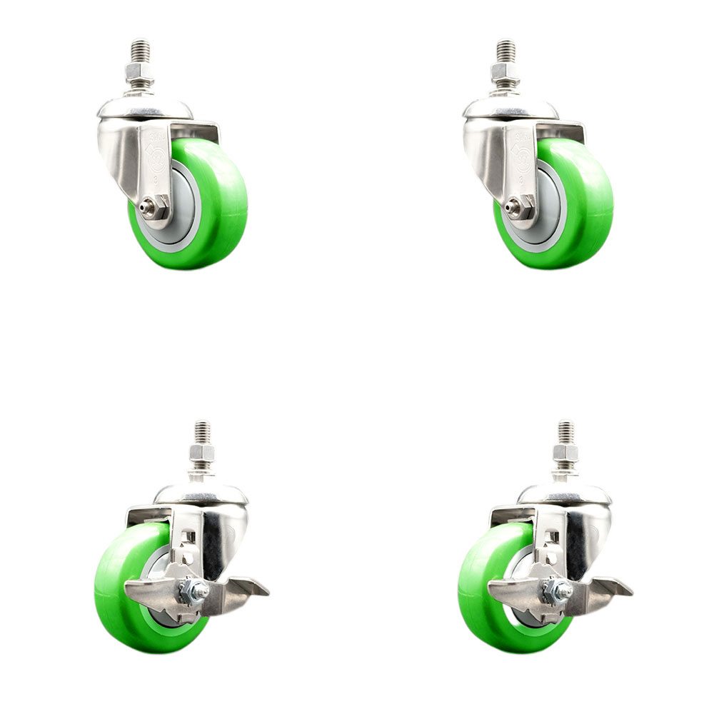 Poly Swivel Stem Caster Set of 4 with 3.5 Inch Green Caster Wheels - 1/2" Threaded Stems - 316 Stainless Steel Casters -Includes 2 Swivel Casters with Top Lock Brakes and 2 Swivel-Service Caster Brand — photo 1