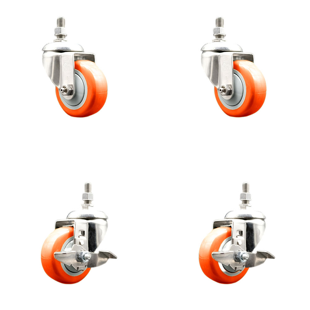 Poly Swivel Stem Caster Set of 4 with 3 Inch Orange Caster Wheels - 1/2" Threaded Stems - 316 Stainless Steel Casters - Includes 2 Swivel Casters with Top Lock Brakes and 2 Swivel-Service Caster Brand — photo 1