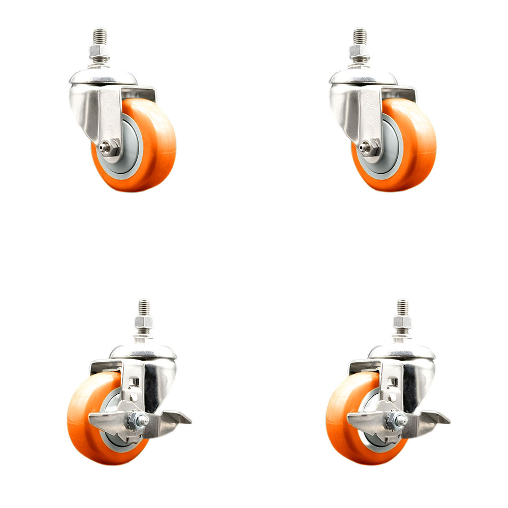 Poly Swivel Stem Caster Set of 4 with 3.5 Inch Orange Caster Wheels - 3/8" Threaded Stems - 316 Stainless Steel Casters-Includes 2 Swivel Casters with Top Lock Brakes and 2 Swivel-Service Caster Brand — photo 1
