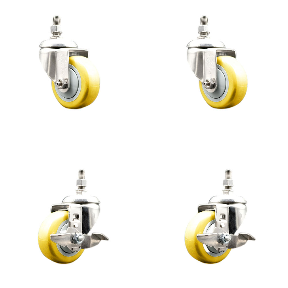 Poly Swivel Stem Caster Set of 4 with 3 Inch Yellow Caster Wheels - 1/2" Threaded Stems - 316 Stainless Steel Casters - Includes 2 Swivel Casters with Top Lock Brakes and 2 Swivel-Service Caster Brand — photo 1